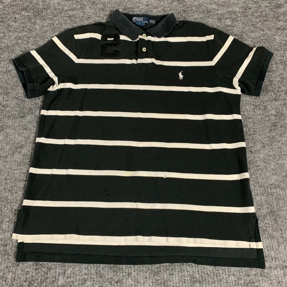 VTG Polo Ralph Lauren Shirt Mens XL Black Striped Custom Fit Y2K 2 Patch Pony